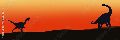 silhouette of dinosaur. Orange red black background illustration Brachiosaurus dinosaur standing with Oviraptor dinosaur. silhouette of dinosaurs