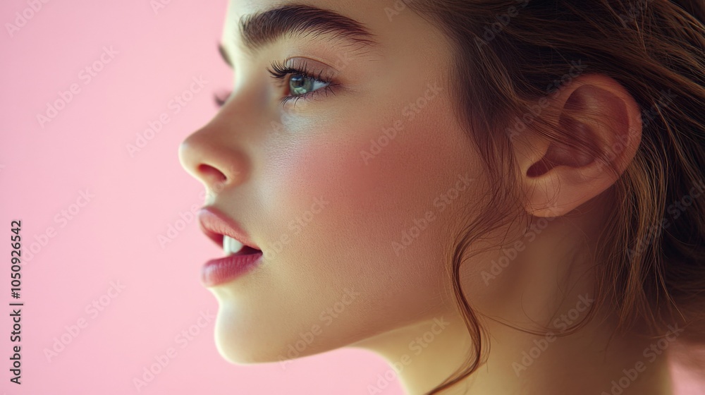 Profile Portrait of a Young Woman on Pink Background Profile Portrait of a Young Woman on Pink Background