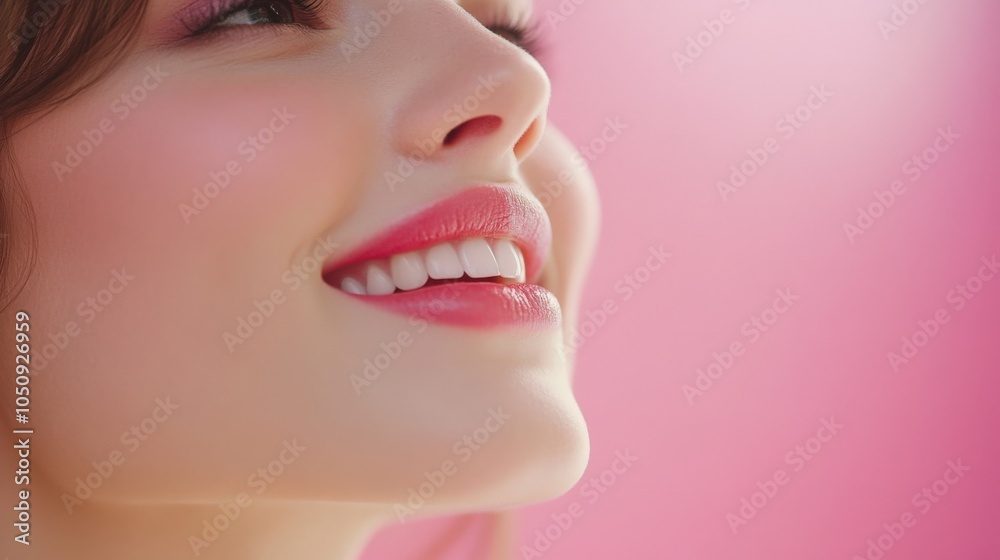 Obraz premium Smiling Woman with Pink Background
