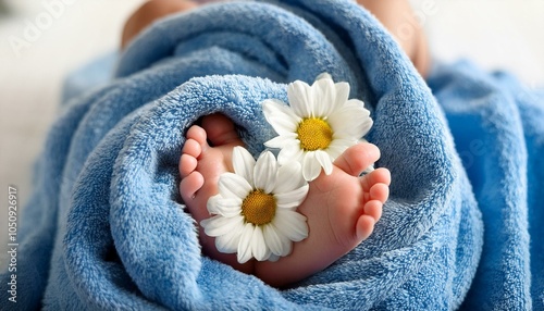 newborn baby s feet wrapped in soft towel with white daisy infant care concept photo