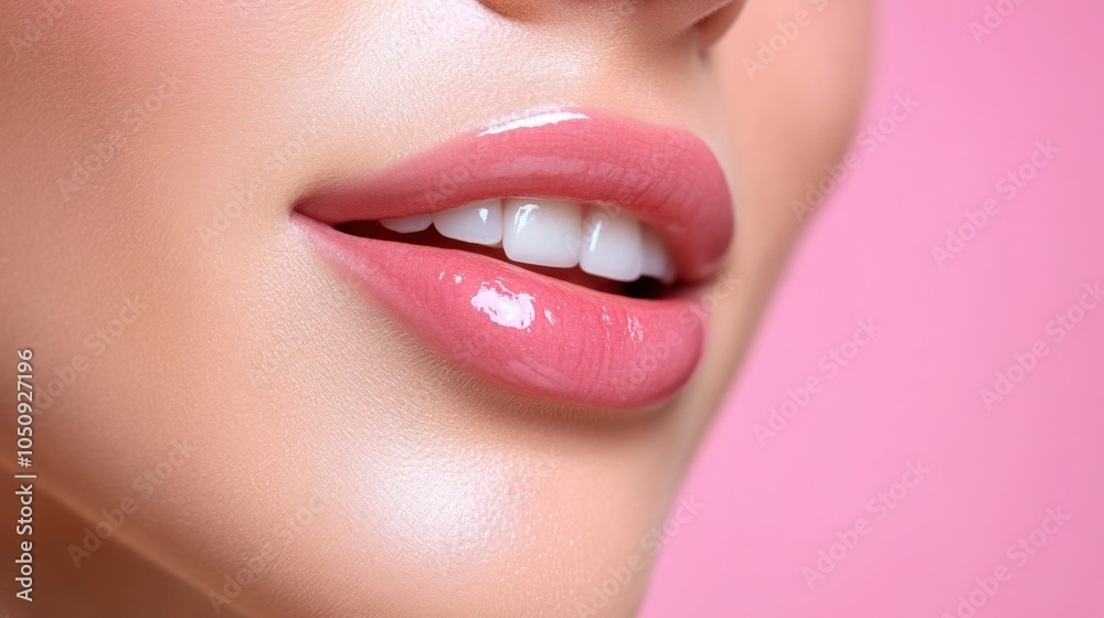 Fototapeta premium Close-Up of Glossy Lips on Pink Background
