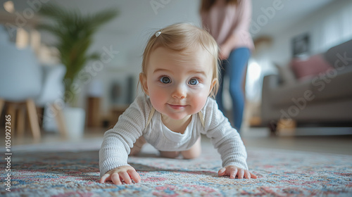 Adorable Baby Crawling on Carpet in Living Room photo