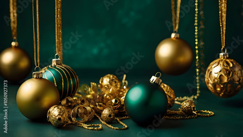 Dark green background and gold Christmas decorations: deep emerald colors and five gold-lined decorations  generative ai