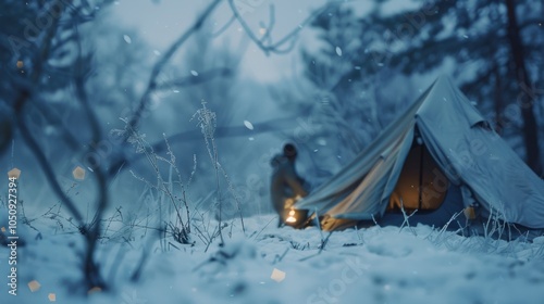 Winter nomad sets up tent in snowy wilderness captured in highresolution cinematic shot photo