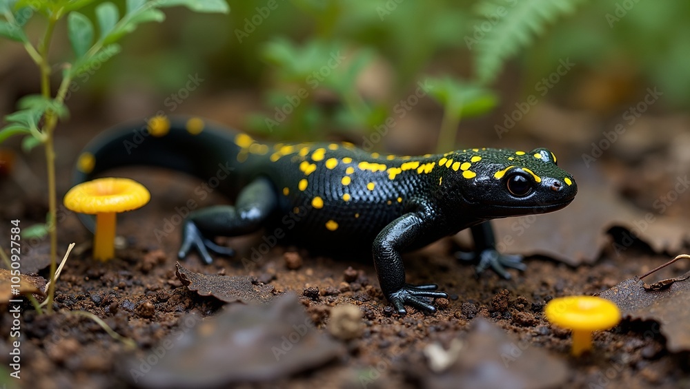 Vibrant fire salamander in forest habitat with glossy black skin and bright yellow bands Vibrant fire salamander in forest habitat with glossy black skin and bright yellow bands