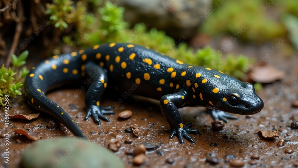 Spotted salamander in forest setting with vibrant yellow spots and mossy backdrop Spotted salamander in forest setting with vibrant yellow spots and mossy backdrop