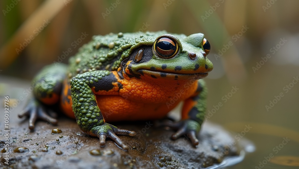 Fototapeta premium Fire bellied toad with vibrant markings perched on mossy rock in wetland setting