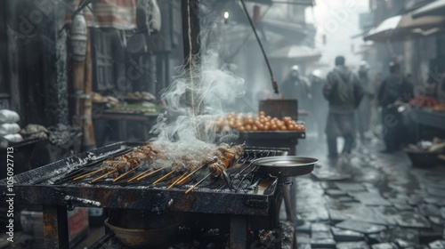 National Geographicstyle photo of street food vendor grilling photo