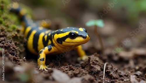 Tiger salamander in moist soil bold yellow stripes calm eyes forest floor ambiance photo