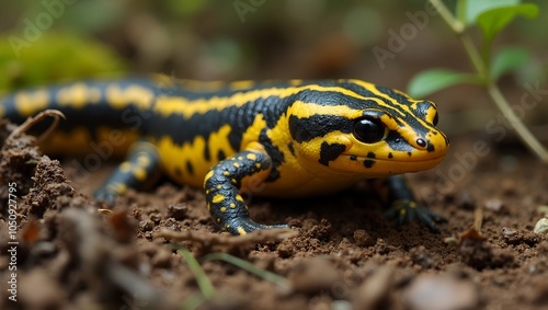 Tiger salamander in moist soil bold yellow stripes calm eyes forest floor ambiance