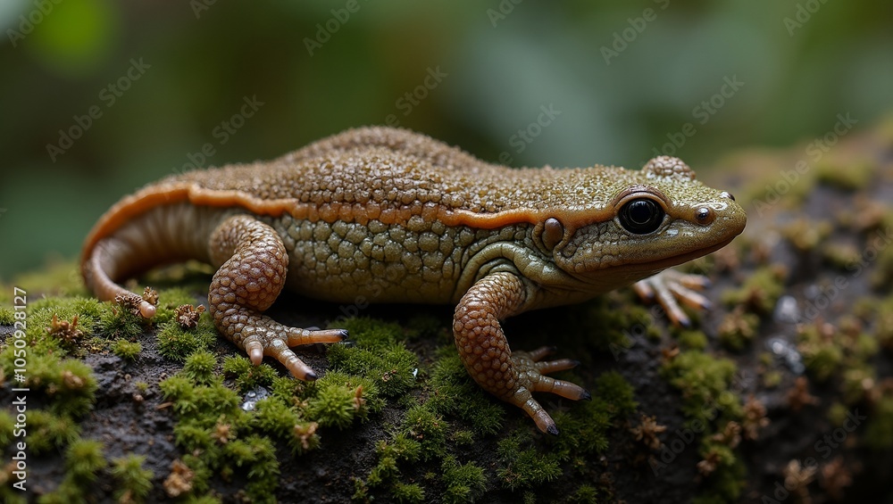Obraz premium Warty newt on moss covered log in mystical forest