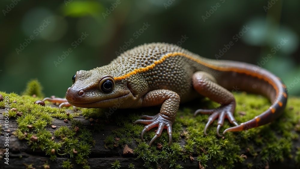 Fototapeta premium Warty newt on moss covered log in mystical forest
