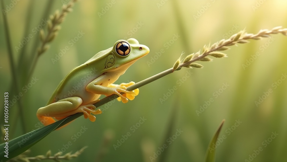 Fototapeta premium Delicate slender reed frog perched on swaying grass stem blending with surroundings