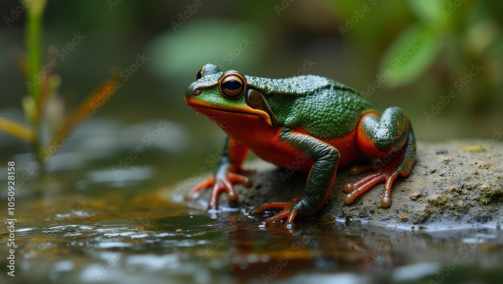Naklejka premium Crimson bellied frog on mossy rock by pond