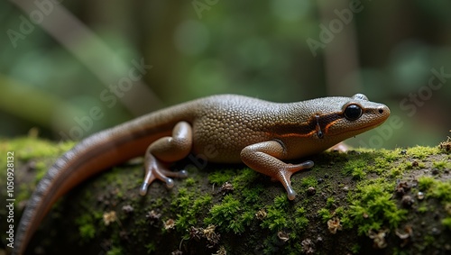 Warty newt on moss covered log in mystical forest photo