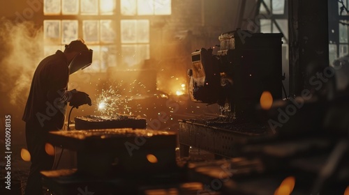 National Geographicstyle photo of welder in factory softfocus sparks