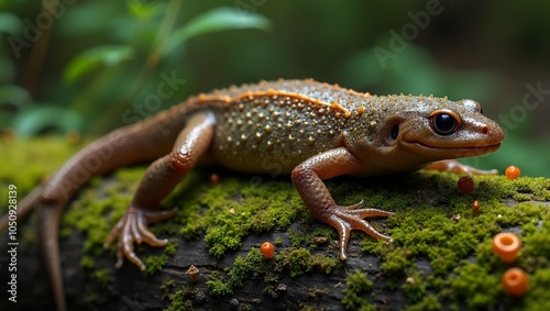 Warty newt on moss covered log in mystical forest photo