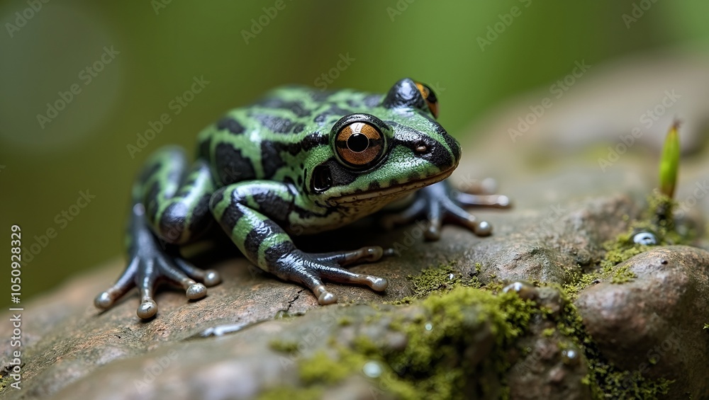 Ornate chorus frog on mossy rock in soft focus nature background Ornate chorus frog on mossy rock in soft focus nature background