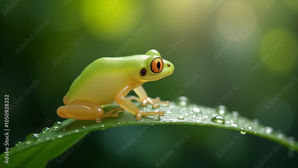 Obraz premium Ethereal glass frog on wet leaf in enchanted forest