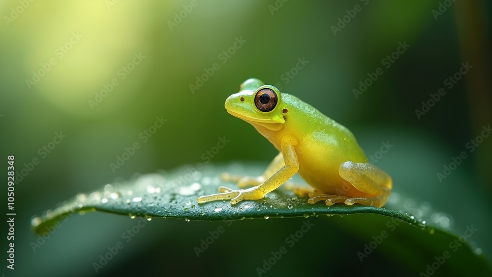 Ethereal glass frog on wet leaf in enchanted forest Ethereal glass frog on wet leaf in enchanted forest
