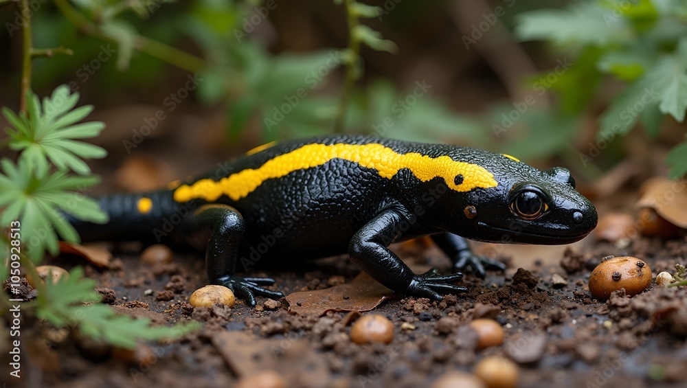 Vibrant fire salamander in forest habitat with glossy black skin and bright yellow bands Vibrant fire salamander in forest habitat with glossy black skin and bright yellow bands