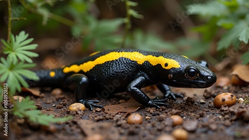 Vibrant fire salamander in forest habitat with glossy black skin and bright yellow bands