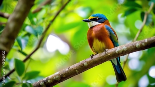 A vibrant blue and orange bird with a white chest perches on a branch in a lush green forest.