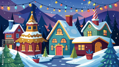 Charming winter village during twilight with festive lights adorning colorful houses and snow-covered trees in a serene mountain setting