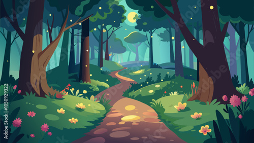 A serene forest pathway illuminated by fireflies under the soft glow of twilight, surrounded by lush greenery and colorful flowers