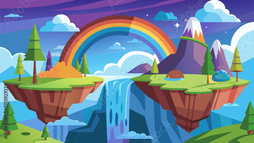 A vibrant fantasy landscape with floating islands, a waterfall, and a rainbow under a colorful sky with trees and mountains photo