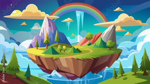 A vibrant floating island featuring lush trees, colorful mountains, and a cascading waterfall under a clear blue sky with a rainbow
