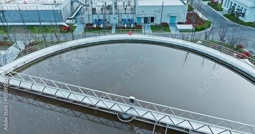 Aerial shot of water purification pool in water plant