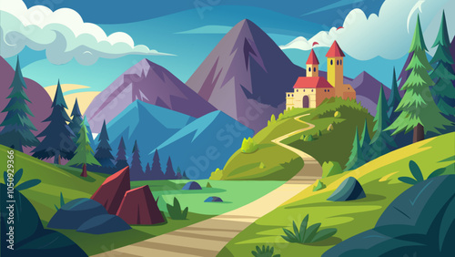 A picturesque pathway leading to a castle in a vibrant mountain landscape during the day, surrounded by lush greenery and rocky terrain