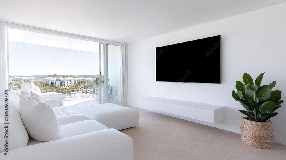 Fototapeta premium Modern minimalist living room with white sofa wall-mounted tv and panoramic view of the cityscape