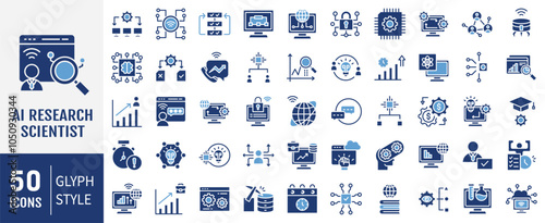 AI research scientist icon collection. Containing artificial intelligence, machine learning, algorithm, data analysis icon. Simple flat vector illustration.