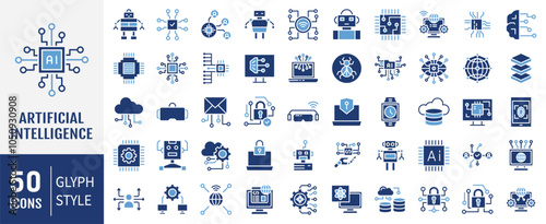 Artificial Intelligence icon collection. Containing technology, robotics, automatically, virtual icons collection. Simple flat vector illustration.