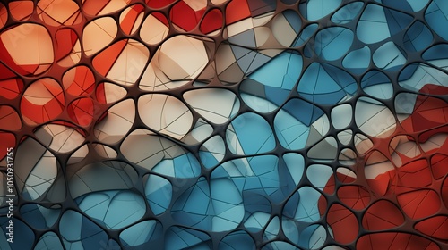 abstract Voronoi pattern with red and blue geometric shapes on white background featuring organic cellular structure and stained glass effect photo