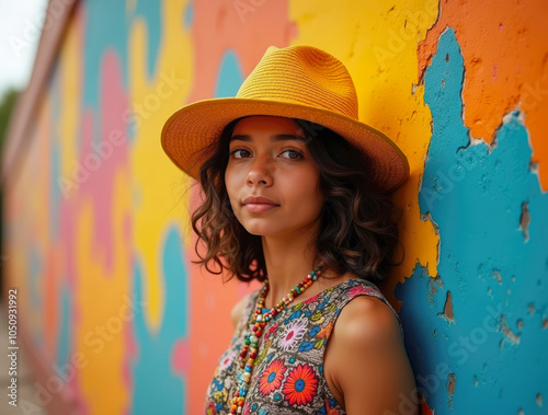 Confident woman posing against a colorful, peeling wall. Fashion meets urban decay in a bold and contrasting visual photo