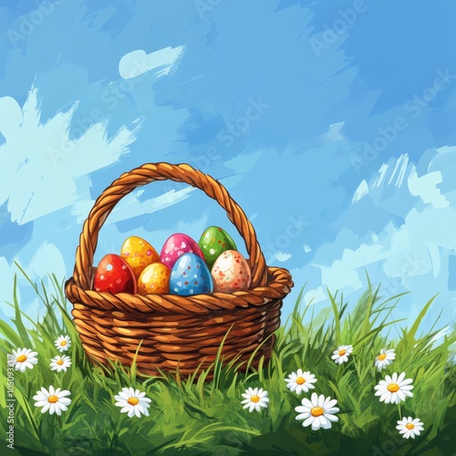 A colorful basket of decorative eggs rests on a meadow filled with daisies under a bright sky photo