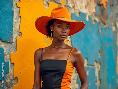 Confident woman posing against a colorful, peeling wall. Fashion meets urban decay in a bold and contrasting visual photo