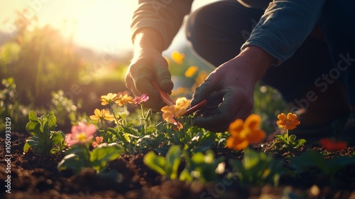 Fototapeta Naklejka Na Ścianę i Meble -  Gardener tending to vibrant flowers in a sunny garden during springtime