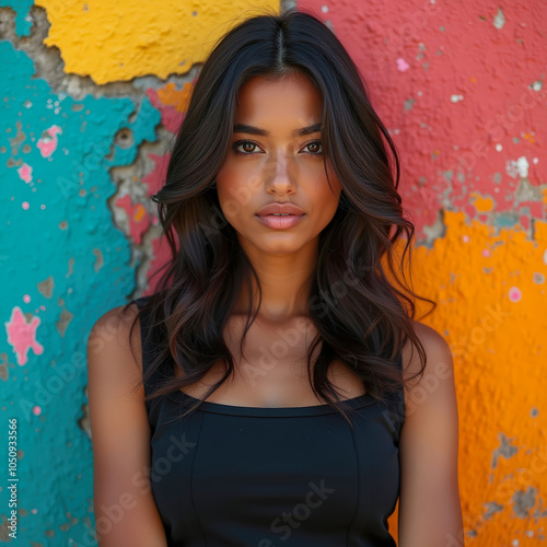 Confident woman posing against a colorful, peeling wall. Fashion meets urban decay in a bold and contrasting visual photo