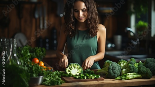 A young woman prepares a healthy meal in her kitchen, chopping broccoli on a wooden cutting board.