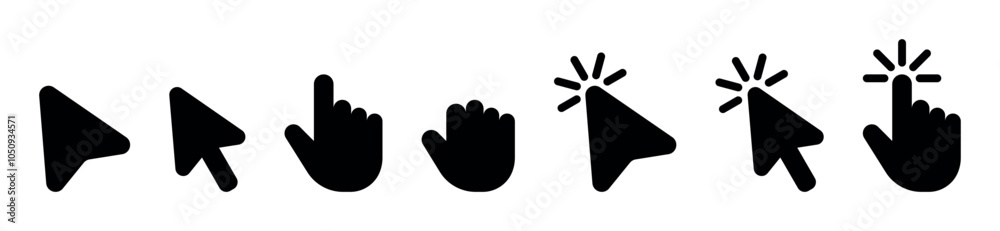 Mouse click cursor and loading icon for interface, computer, mobile app, animation or UI design. Mouse pointer black fill vector illustration on transparent background. Hand pointer symbol with finger