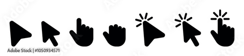 Mouse click cursor and loading icon for interface, computer, mobile app, animation or UI design. Mouse pointer black fill vector illustration on transparent background. Hand pointer symbol with finger