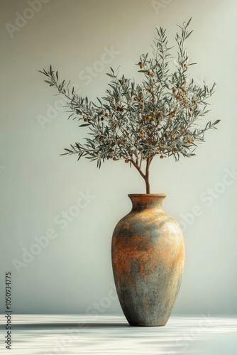 Elegant vase with olive branches positioned against a minimalistic background in natural light photo