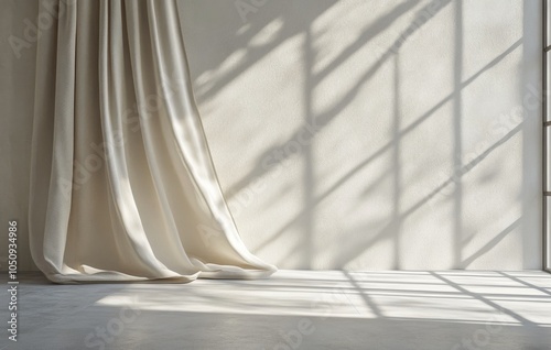 Soft white curtains beside a sunlit wall casting intricate shadows in a bright room photo