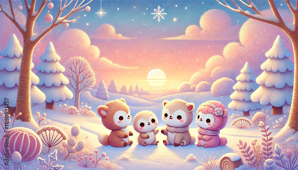 Naklejka premium A Heartwarming Winter Evening Under a Pastel-Colored Sky with Cute Animals Gathered in Harmony