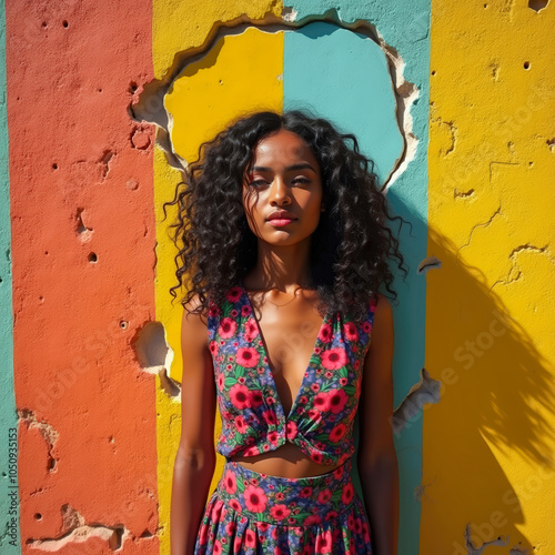 Confident woman posing against a colorful, peeling wall. Fashion meets urban decay in a bold and contrasting visual photo