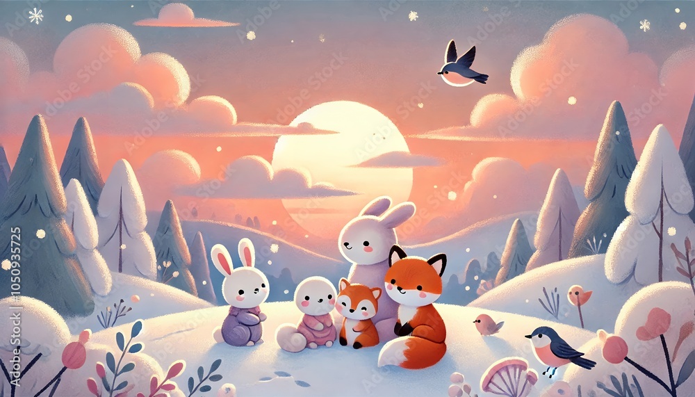 Fototapeta premium A Peaceful Winter Evening with Adorable Animals Beneath a Soft Pastel Sunset Sky, Capturing the Cozy and Serene Charm of a Snowy Dusk